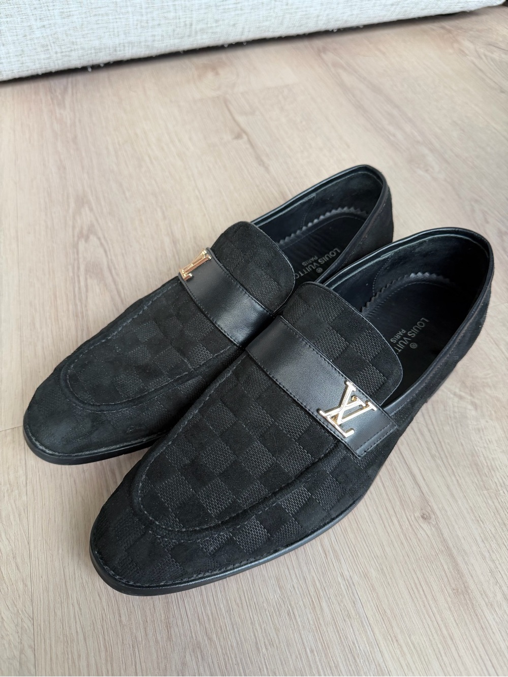 Louis Vuitton Black Suede & Leather Men's Loafers with Gold LV Accent
